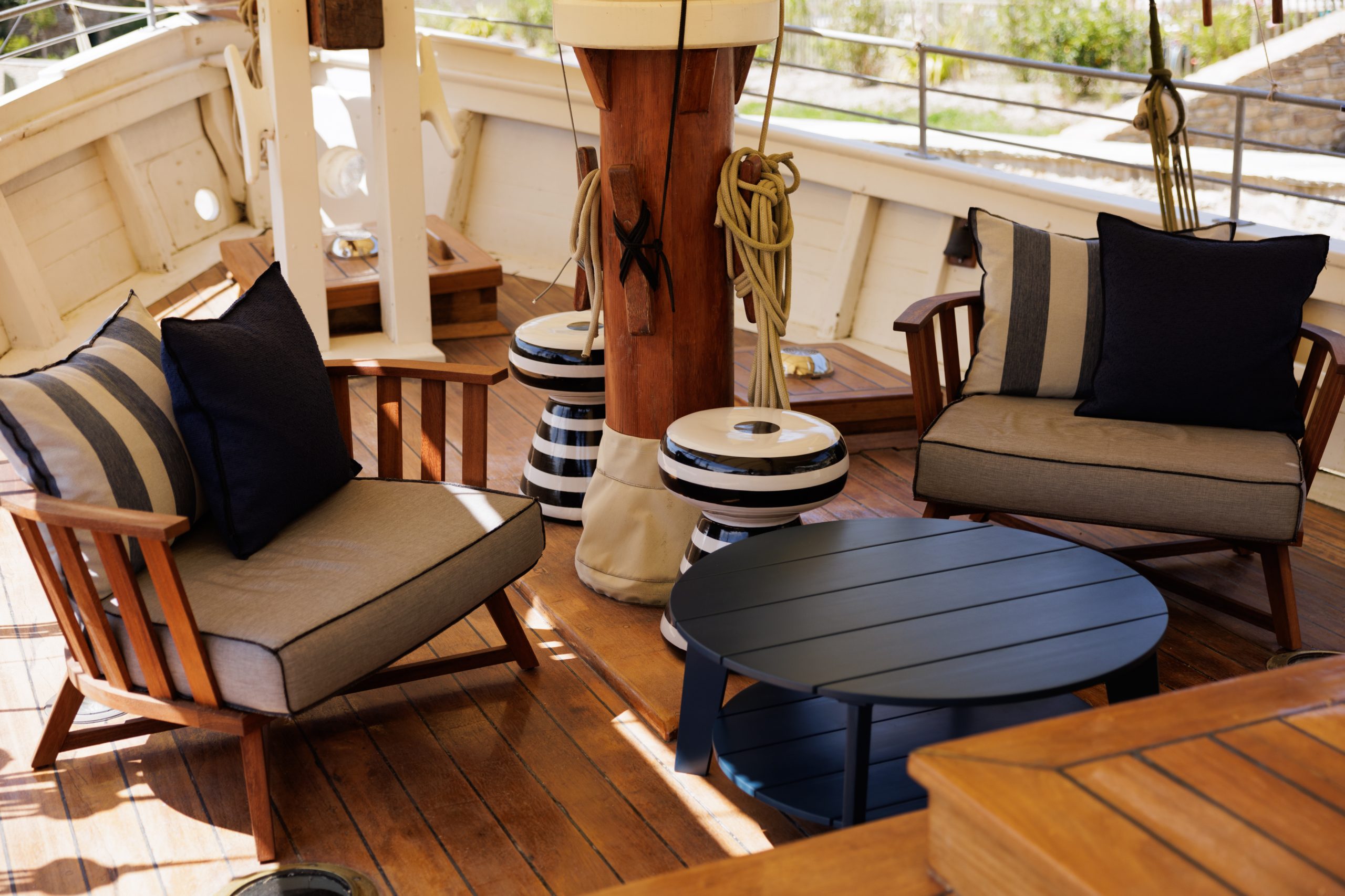 Terrace of the wooden boat Caprice overlooking the park